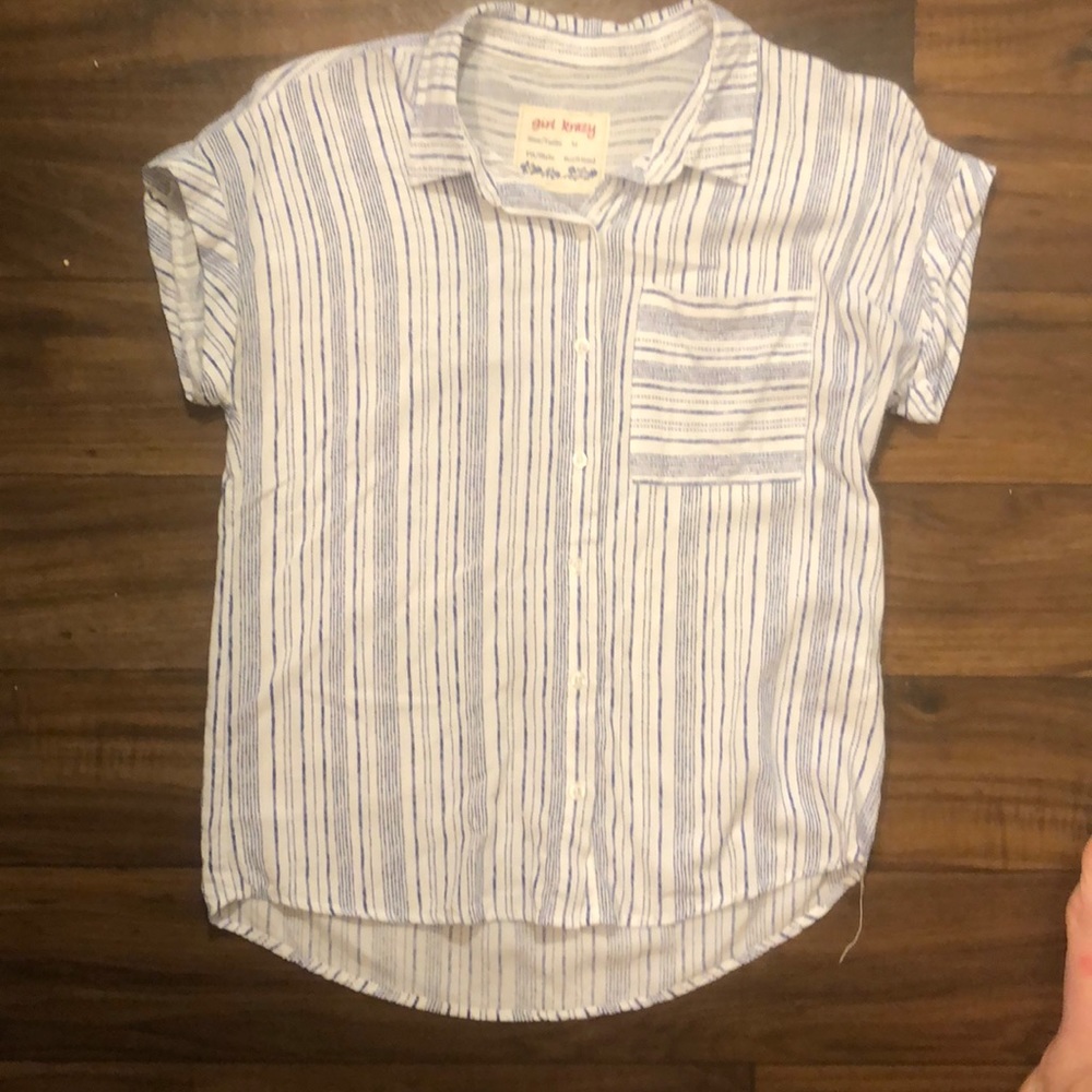 Blue and White Short Sleeve Button
